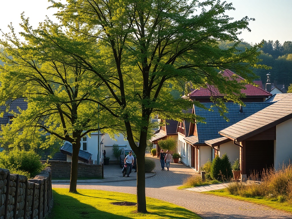 Biały bocian z rozpostartymi skrzydłami lecący nad zabudowaniami Leżajska w tle